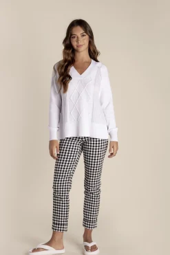 Tyra V Neck Cable Sweater - White - TT25