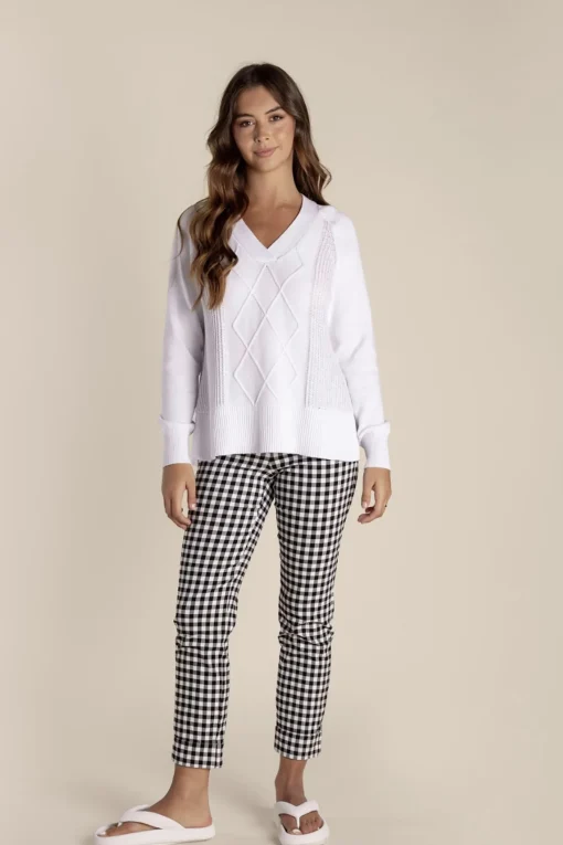Tyra V Neck Cable Sweater - White - TT25