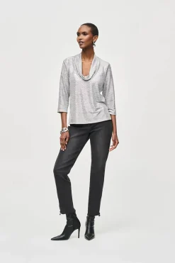 Uma Foiled Cowl Neck Top - Silver - JR19